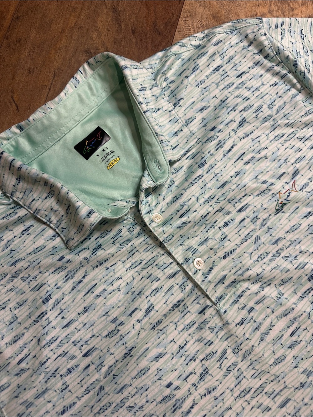 GREG NORMAN Men’s Light Mint Polo with Blue Micro-Pattern, Size XL, EUC